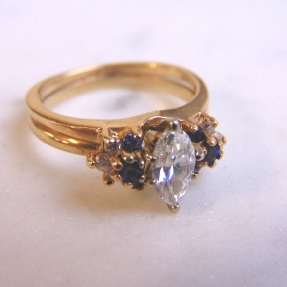 Womens Vintage Estate 14K Gold Marquise Diamond Sapphire Ring 5.1g  #E3592